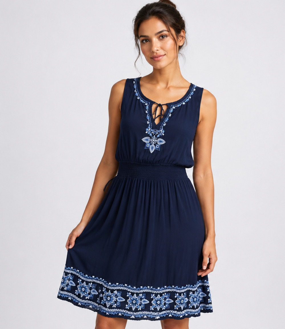 J.Jill Navy Embroidered Blouson Dress Sleeveless Sz M Smocked Waist Boho Resort